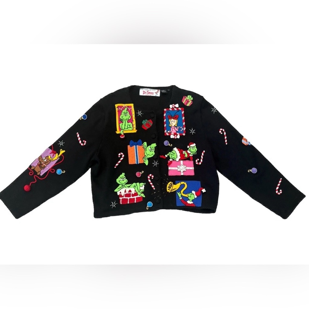 VTG 2000 Michael Simon GRINCH XMAS Cardigan Sweater Button-Embroidered Beaded XL